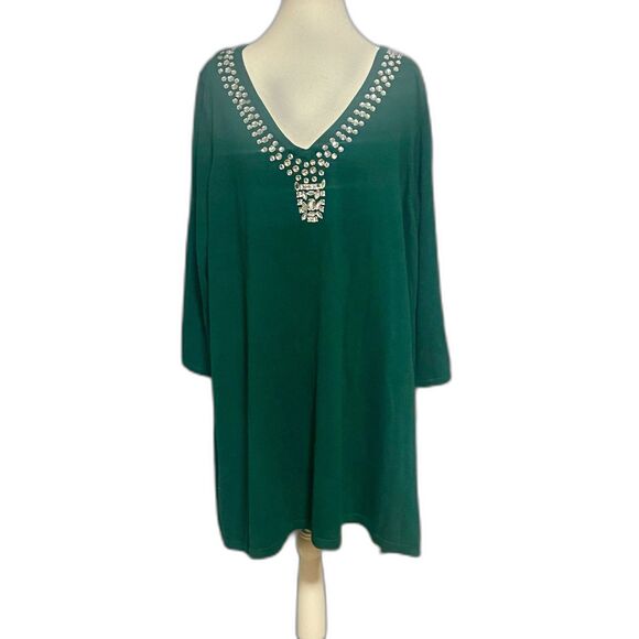 IMAN 2X Green Rhinestone Embellished Tunic Sweater Cashmere Blend NWT - Picture 2 of 12